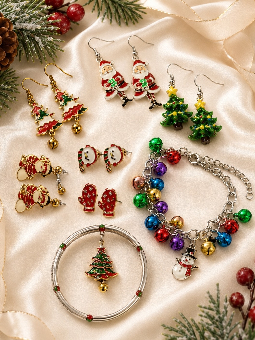 Festive Christmas Charm Earrings & Bracelet Set – Green, Red, Gold